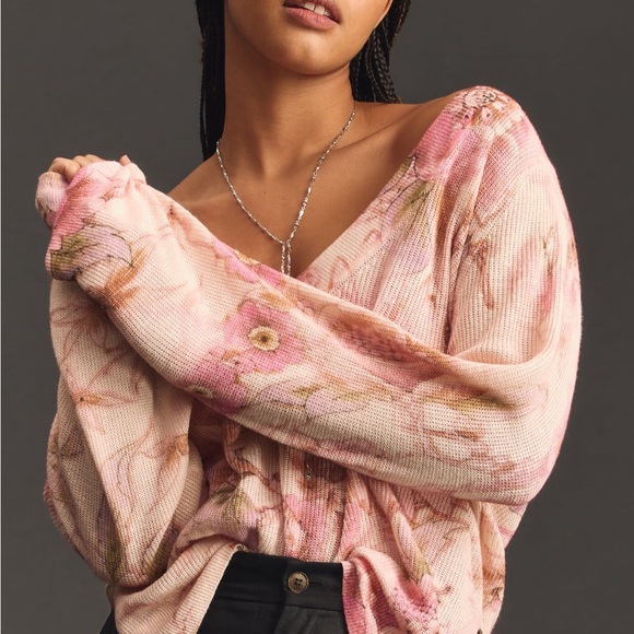 Anthropologie Waffle Floral V Neck - Picture 2 of 4